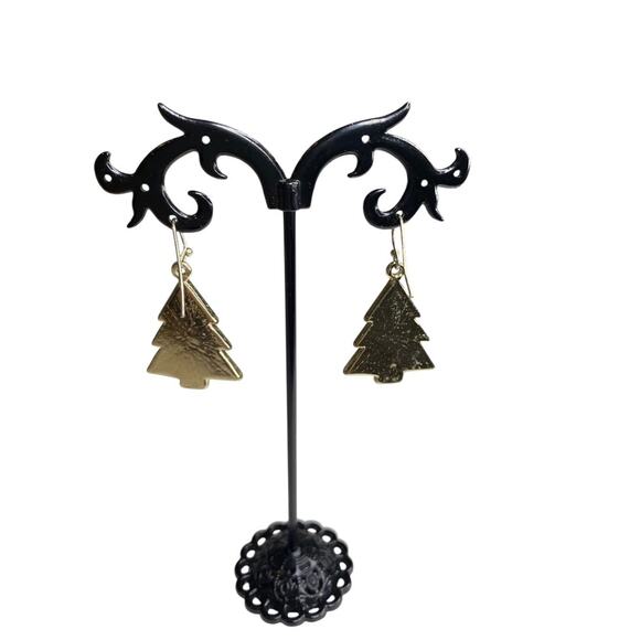 Goldtone Fishhook Earrings Christmas Tree Sparkle 1.5" Drop - Picture 6 of 6